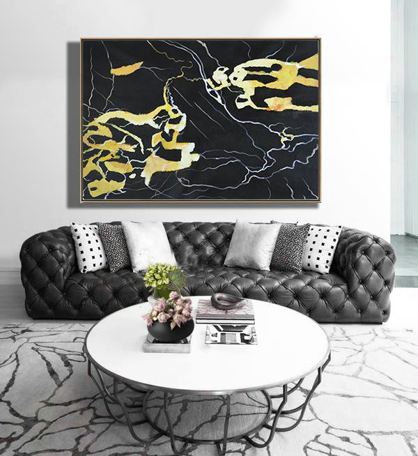 Extra Large 72" Acrylic Painting,Hand Painted Oversized Horizontal Abstract Marble Art On Canvas,Original Art Acrylic Painting,Earthy Yellow ,Black,White.etc